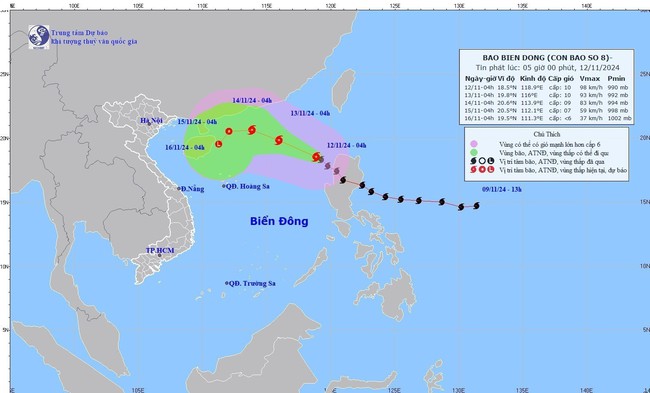 Thời tiết ngày 12/11: Bão số 8 di chuyển theo hướng Tây Bắc, gió giật cấp 12 - Ảnh 1.